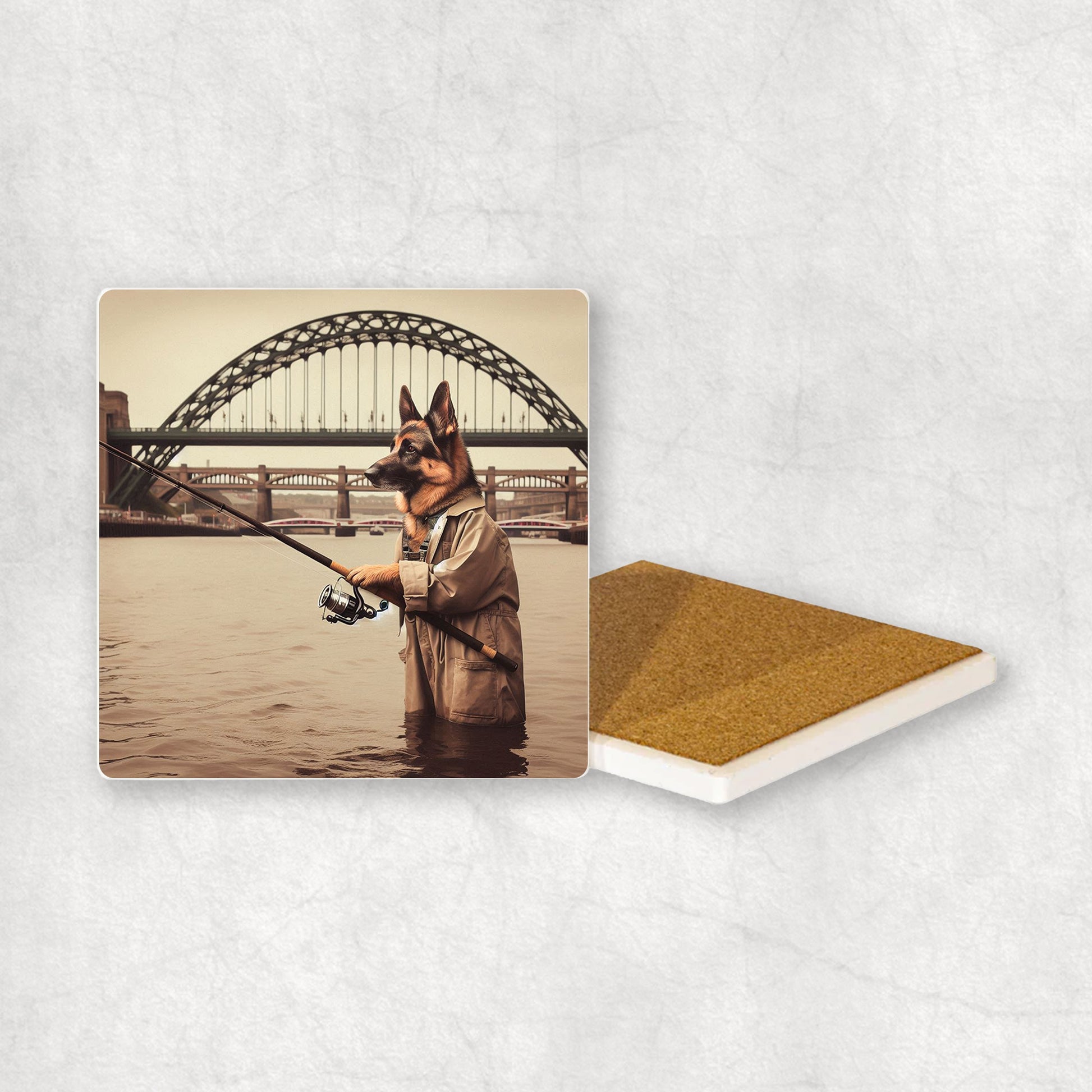 Ceramic Coaster gift with a German Shepherd dog design, dressed in an Angler costume, fishing in the Tyne river, with Newcastle bridges in the background.
