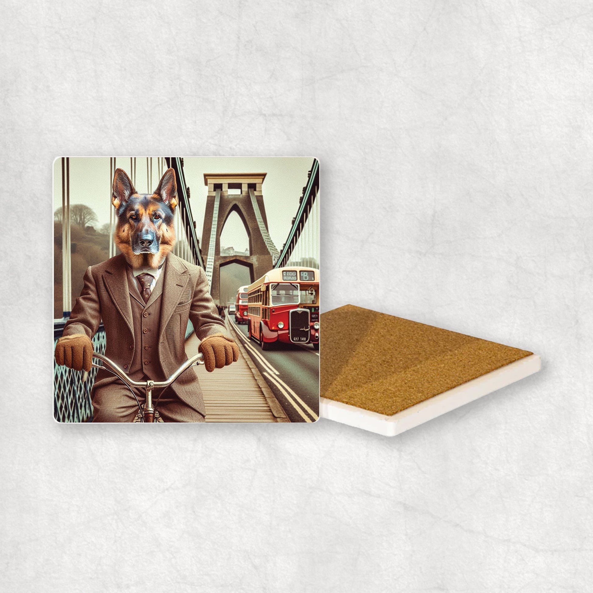 Ceramic coaster with a German Shepherd dog design, dressed in a suit, riding a bike on the Clifton Suspension Bridge.