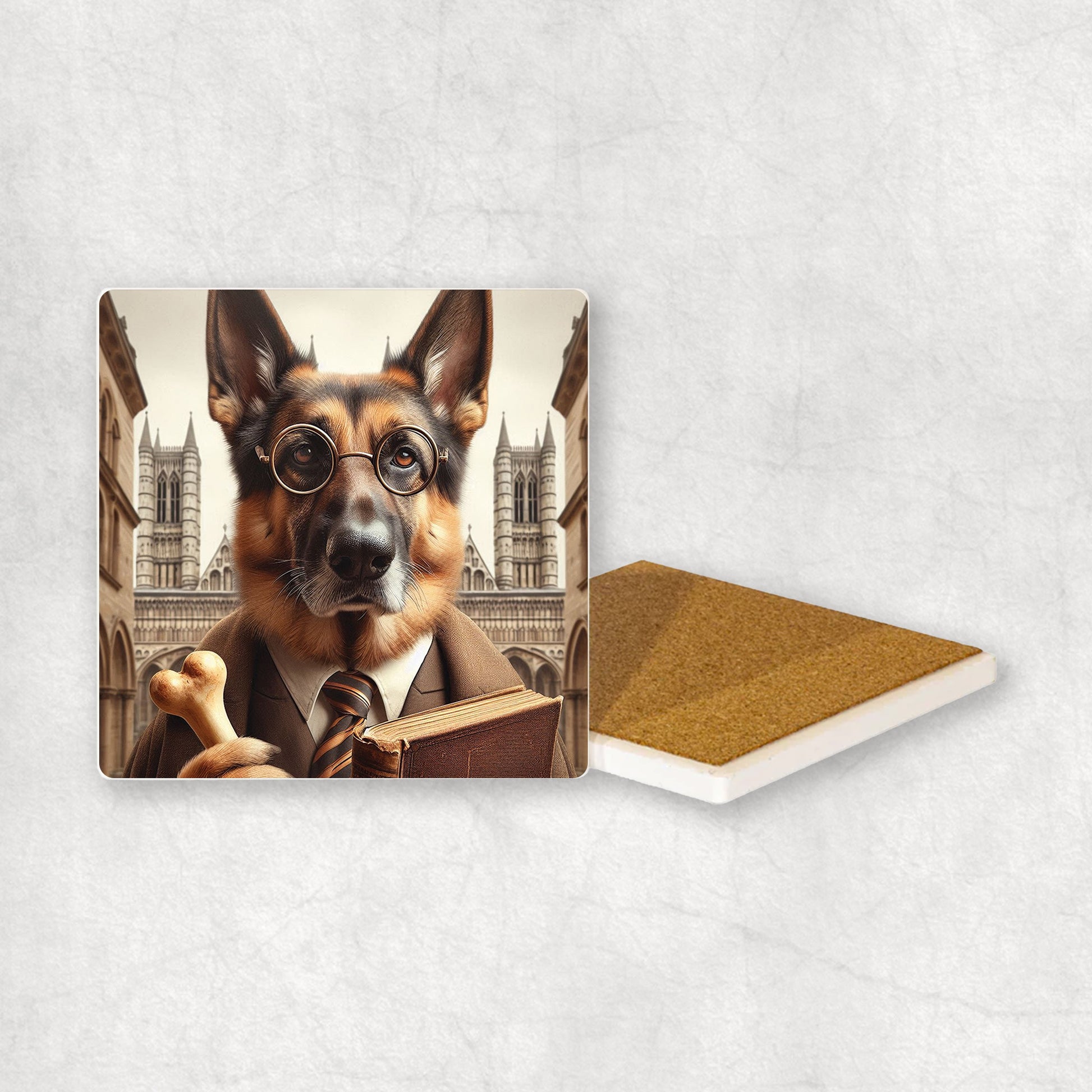 Ceramic Coaster gift with a German Shepherd dog design wearing a student's gown, glasses, holding a bone and a book in its paws, with the university in the background.