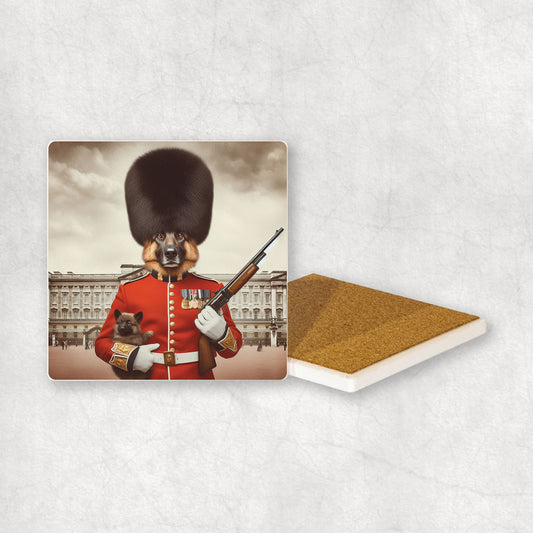 Ceramic Coaster gift with a German Shepherd dog design, wearing British guard costume, holding a gun in its paw, with Buckingham Palace in the background. 