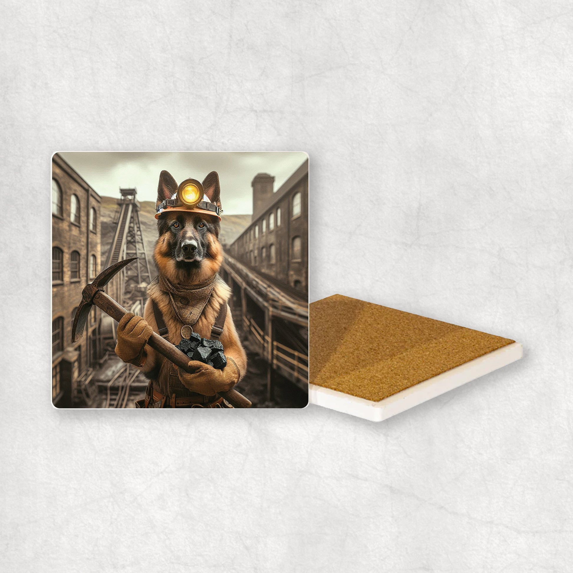 Ceramic Coaster gift with a German Shepherd dog design, dressed like a miner with a pickaxe and coal in its paws, with a mine in the background.