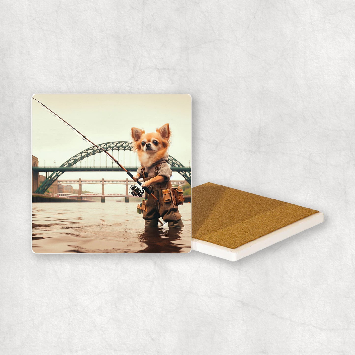 Ceramic Coaster gift with a Gold Chihuahua dog design, dressed in an Angler costume, fishing in the Tyne river, with Newcastle bridges in the background.