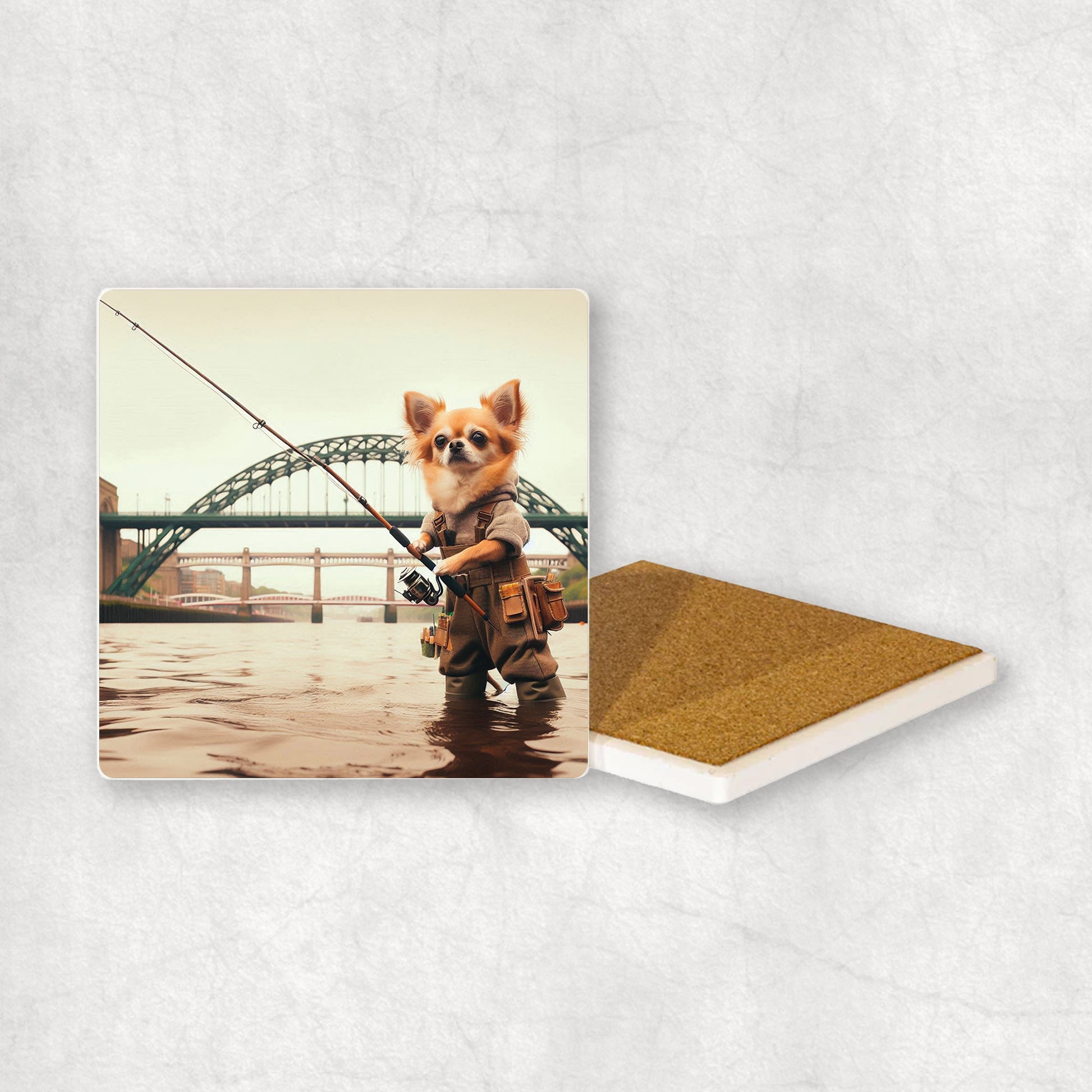 Ceramic Coaster gift with a Gold Chihuahua dog design, dressed in an Angler costume, fishing in the Tyne river, with Newcastle bridges in the background.