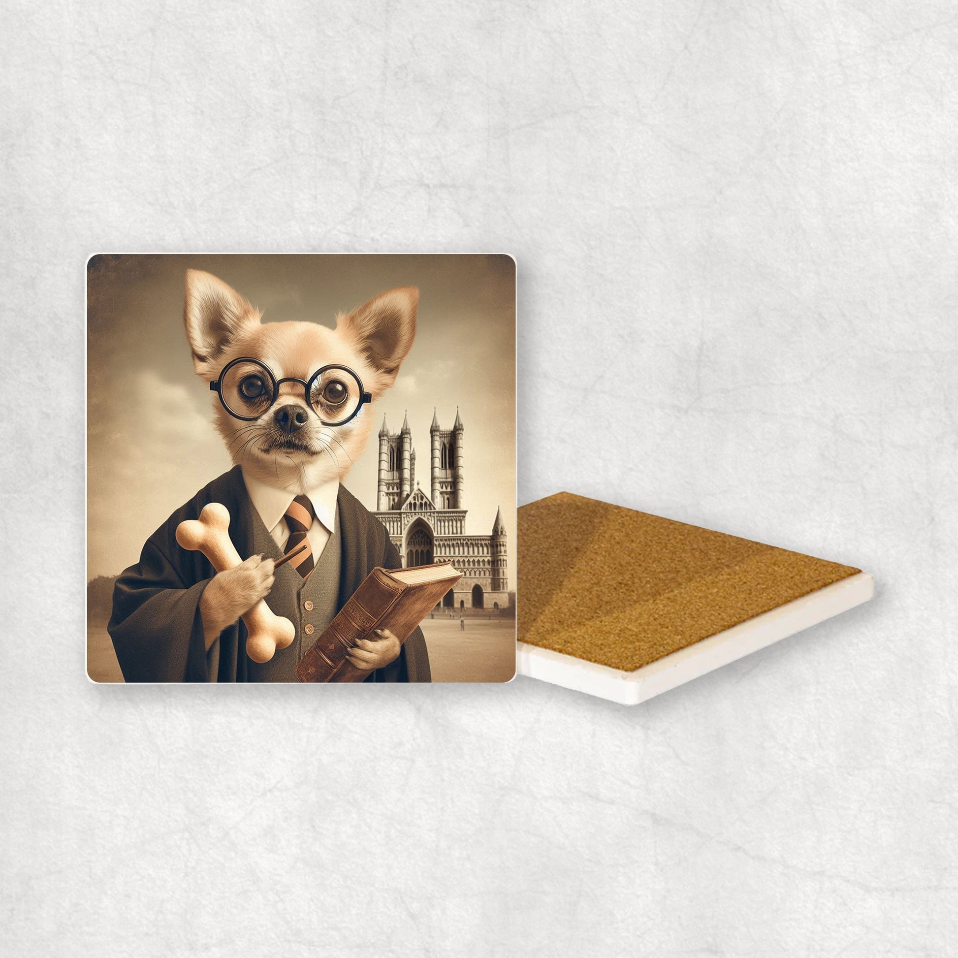 Ceramic Coaster gift with a Gold Chihuahua dog design wearing a student's gown, glasses, and the university in the background.