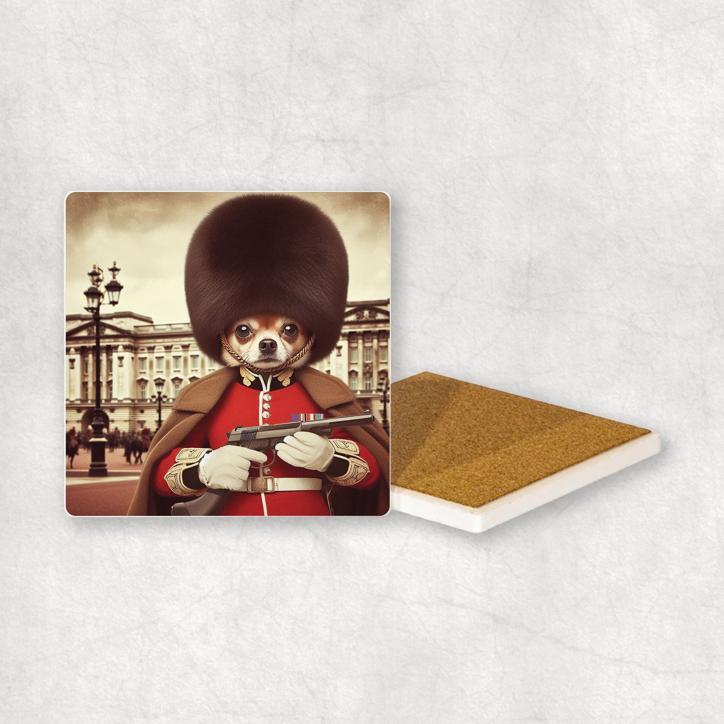 Ceramic Coaster gift with a Gold Chihuahua dog design, wearing British guard costume, holding a gun, with Buckingham Palace in the background. 