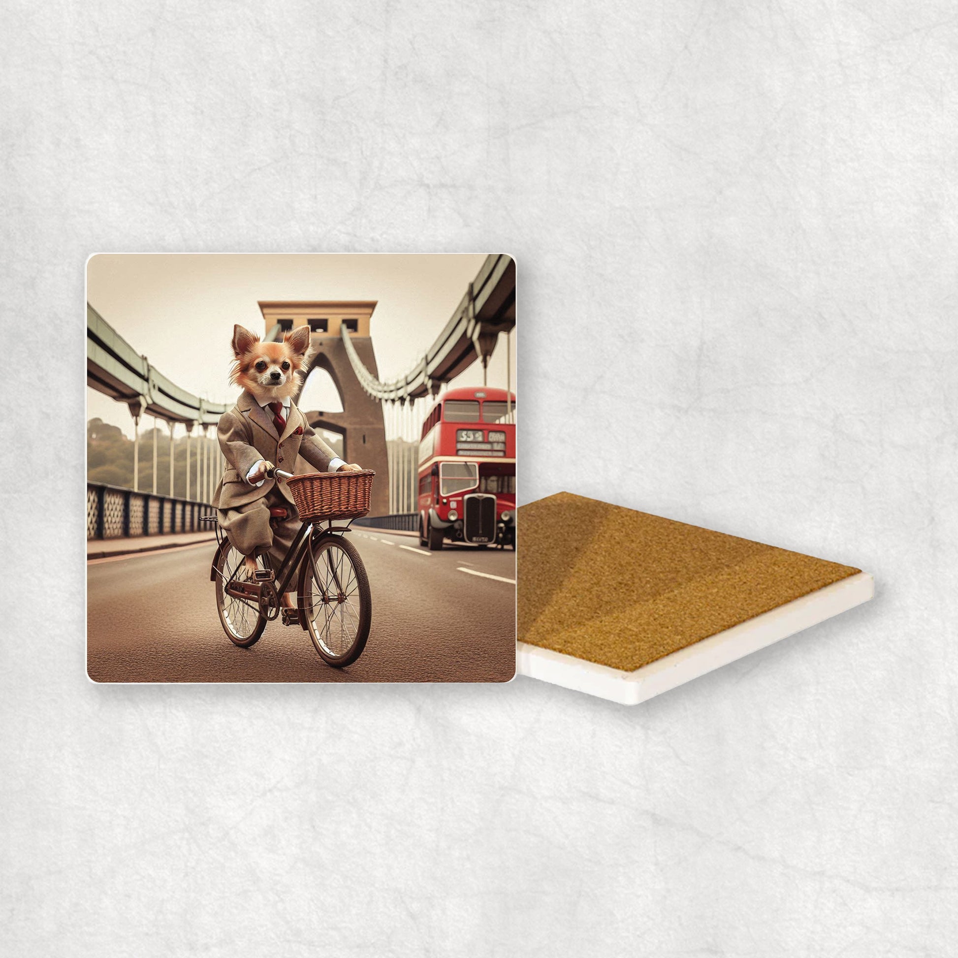 Ceramic Coaster gift with a Gold Chihuahua dog design, dressed in a suit, riding a bike with the Clifton Suspension Bridge.