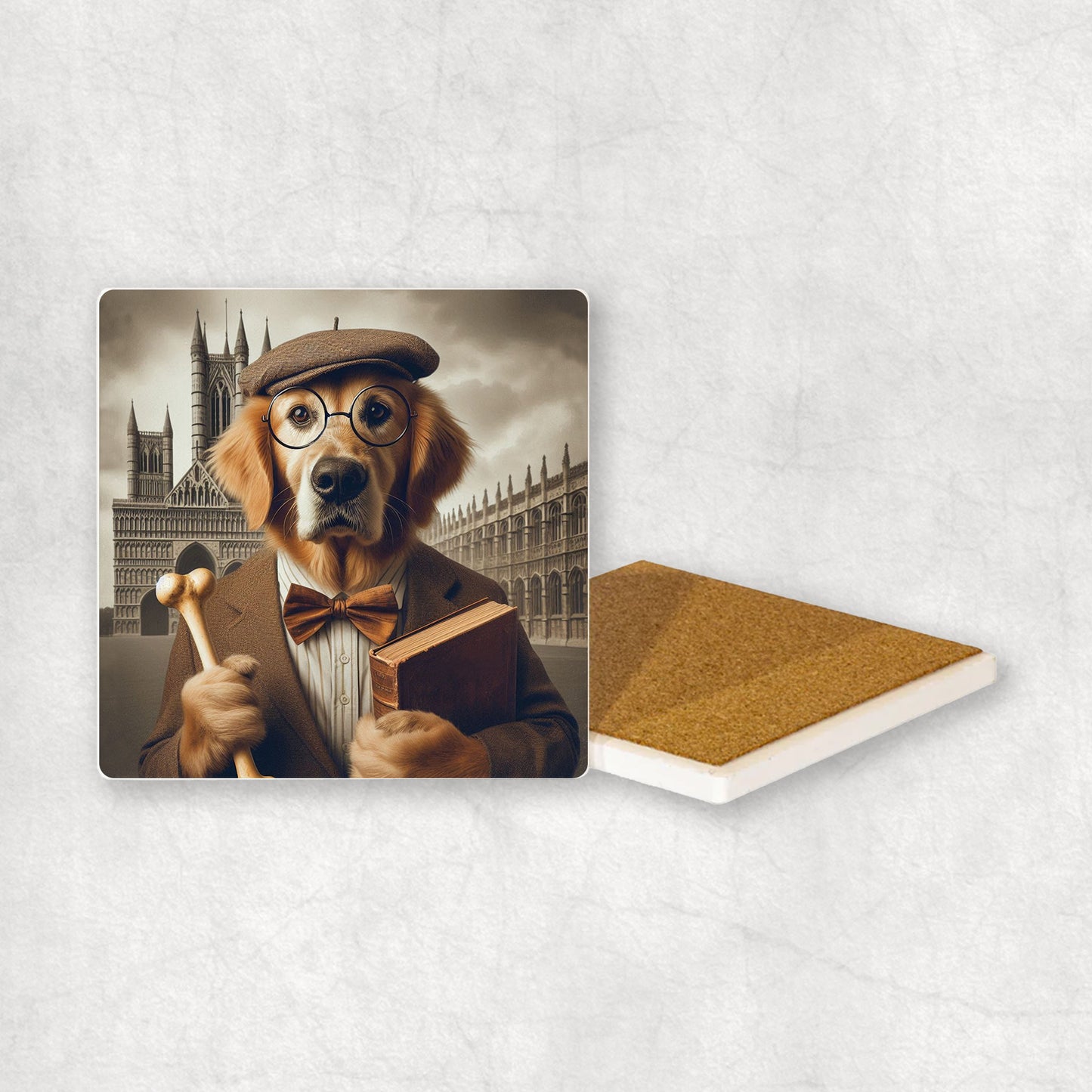 Ceramic Coaster gift with a Golden Retriever dog design wearing a student's gown, glasses, holding a bone and a book in its paws, with the university in the background.