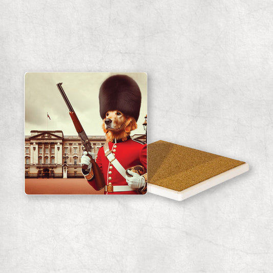 Ceramic Coaster gift with a Golden Retriever dog design, wearing British guard costume, holding a gun in its paw, with Buckingham Palace in the background. 