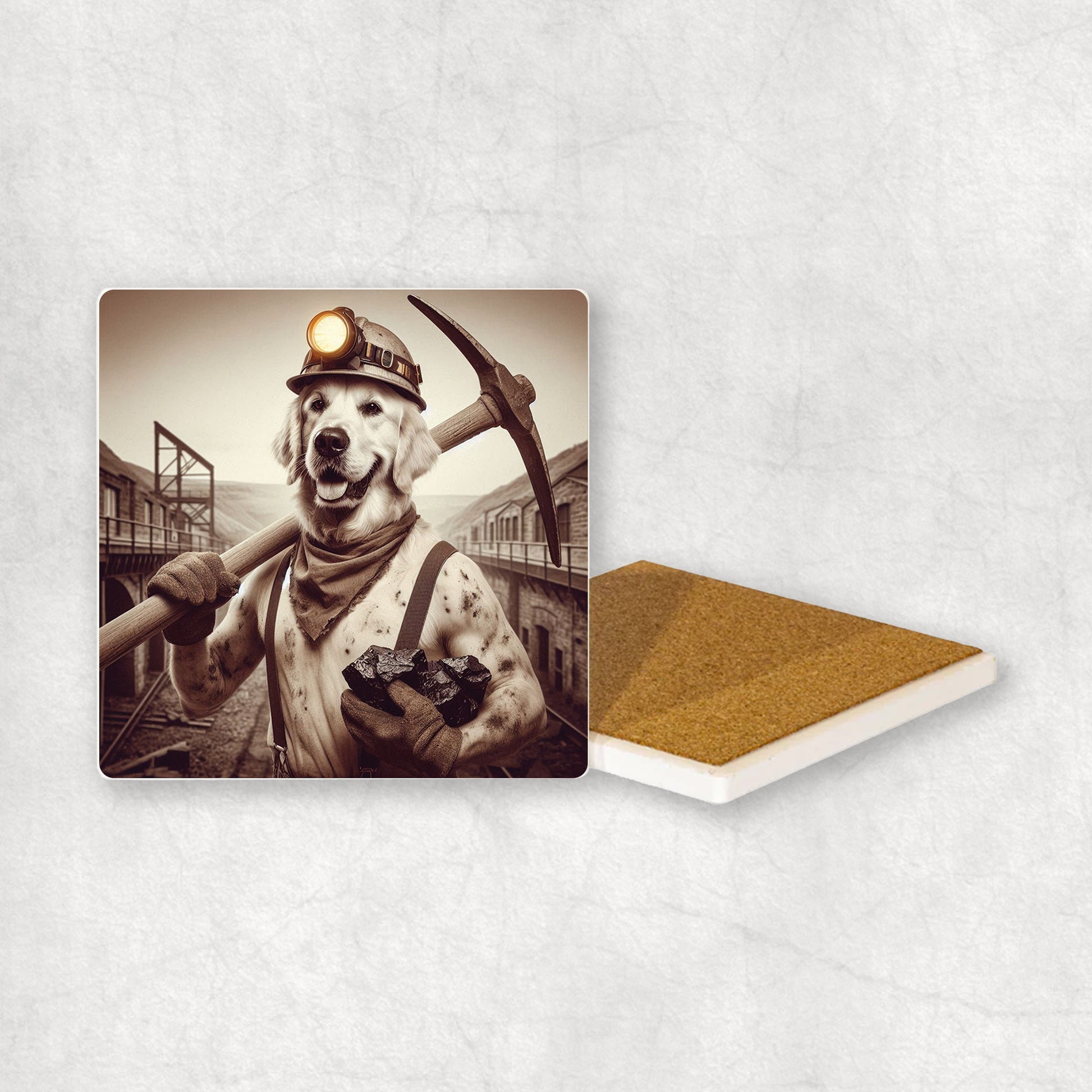 Ceramic Coaster gift with a Golden Retriever dog design, dressed like a miner with a pickaxe and coal in its paws, with a mine in the background.