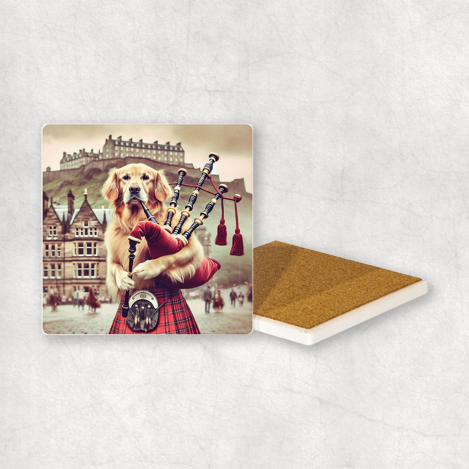 Ceramic Coaster gift with a Golden Retriever dog design, dressed in traditional Scottish costume, playing the bagpipes, with Edinburgh in the background. 