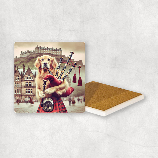 Ceramic Coaster gift with a Golden Retriever dog design, dressed in traditional Scottish costume, playing the bagpipes, with Edinburgh in the background. 