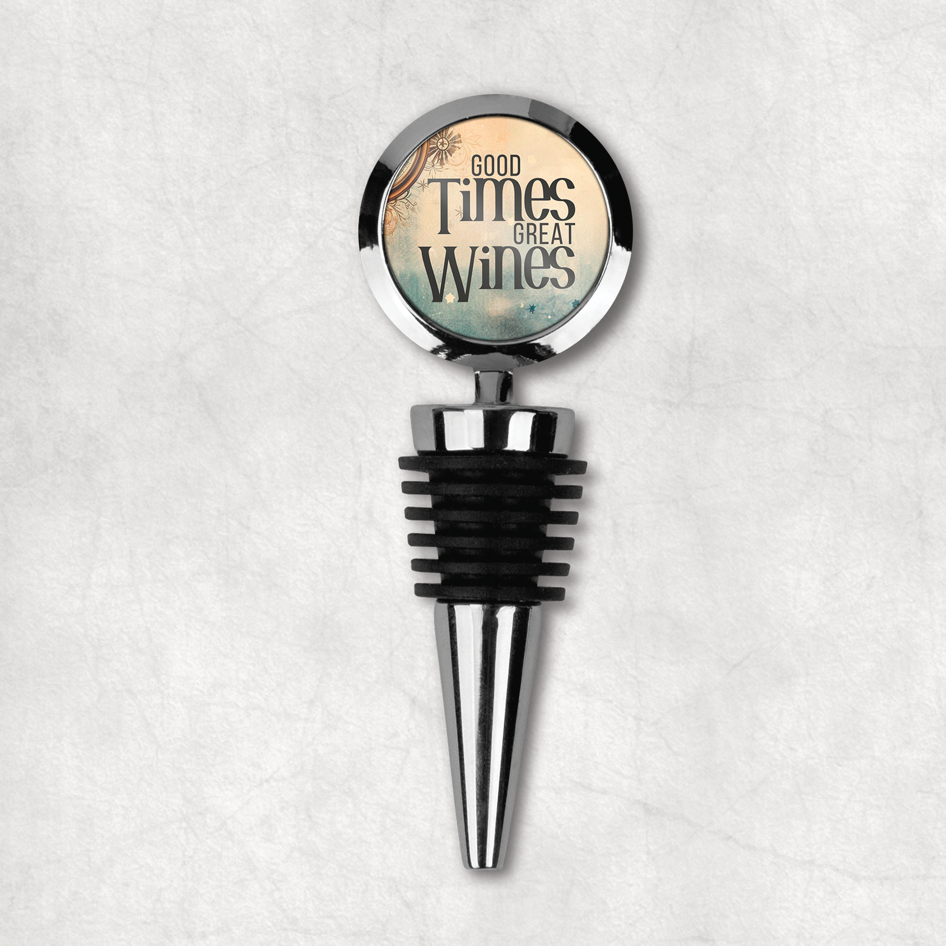 An elegant wine bottle stopper with 'Good Times great wines' inspirational phrase, on a beautiful background, the perfect gift for wine lovers.