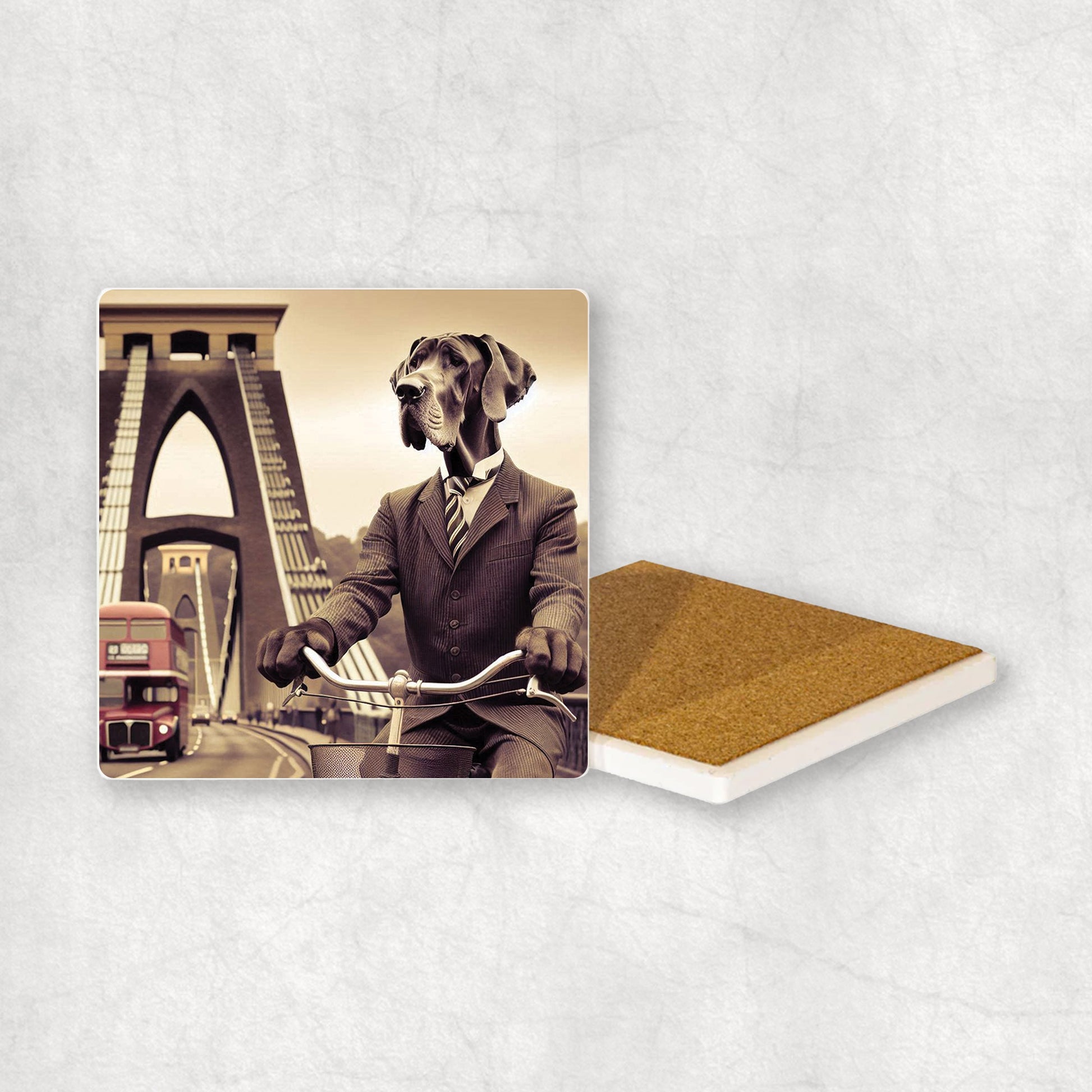 Ceramic coaster with a Great Dane dog design, dressed in a suit, riding a bike on the Clifton Suspension Bridge.