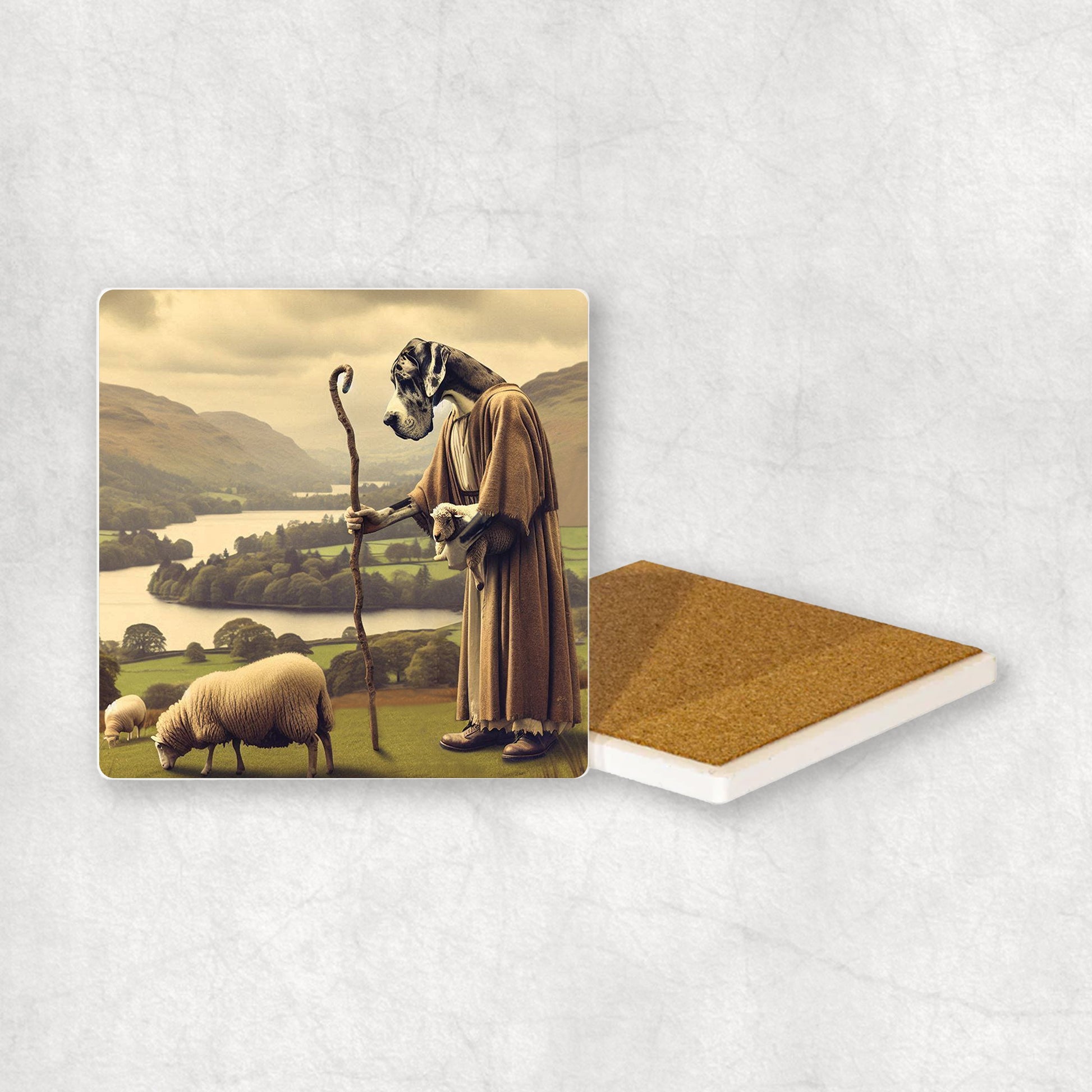 Ceramic Coaster gift with a Great Dane dog design, looking like a shepherd, with sheep and the Lake District in the background.