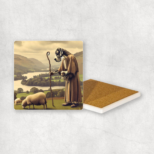 Ceramic Coaster gift with a Great Dane dog design, looking like a shepherd, with sheep and the Lake District in the background.