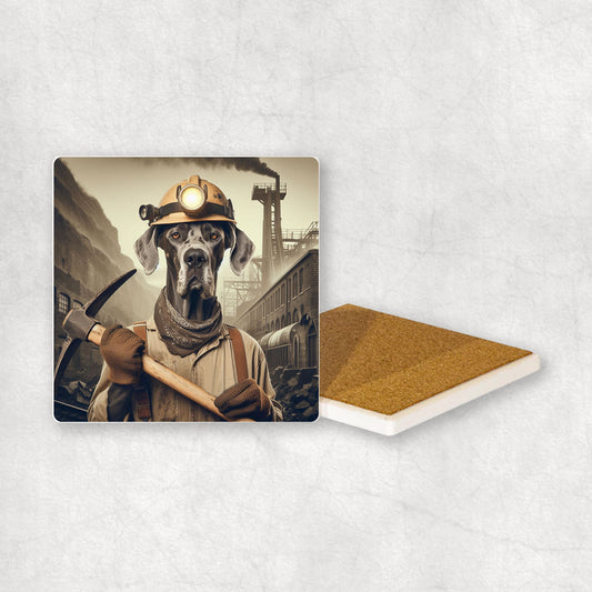 Ceramic Coaster gift with a Great Dane dog design, dressed like a miner with a pickaxe in its paws, with a mine in the background.