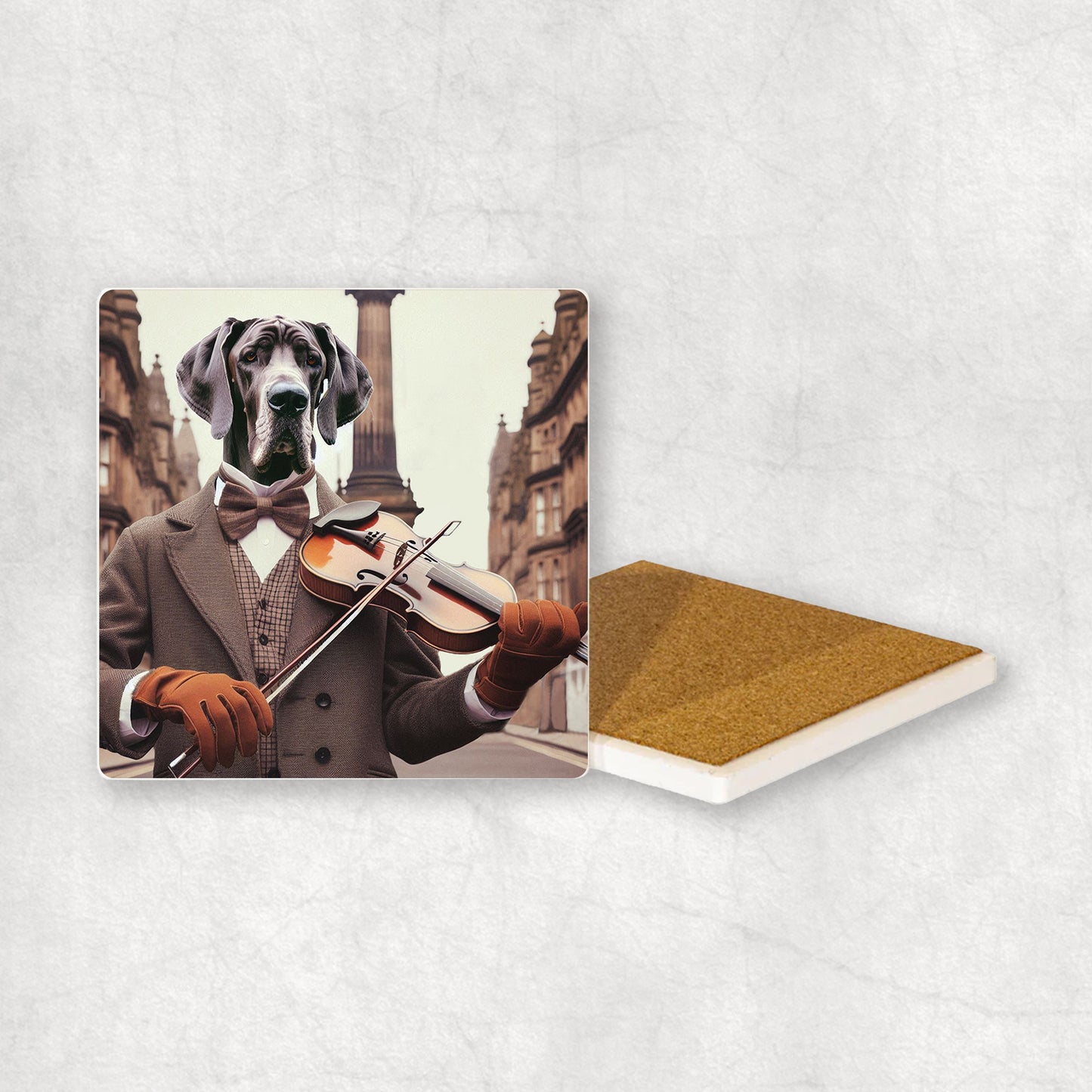 Ceramic coaster gift with a Great Dane dog design, wearing a suit, playing the violin, with a beautiful city centre in the background.