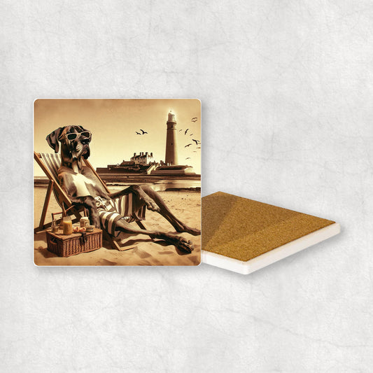 Ceramic Coaster gift with a Great Dane dog design, wearing shorts, relaxes on a beach lounger at Whitley Bay with a lighthouse in the background.