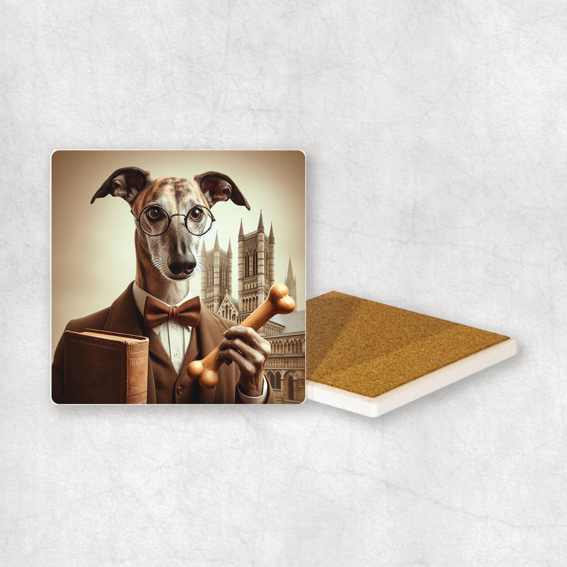 Ceramic Coaster gift with a Greyhound dog design wearing a student's gown, glasses, holding a bone and a book in its paws, with the university in the background.