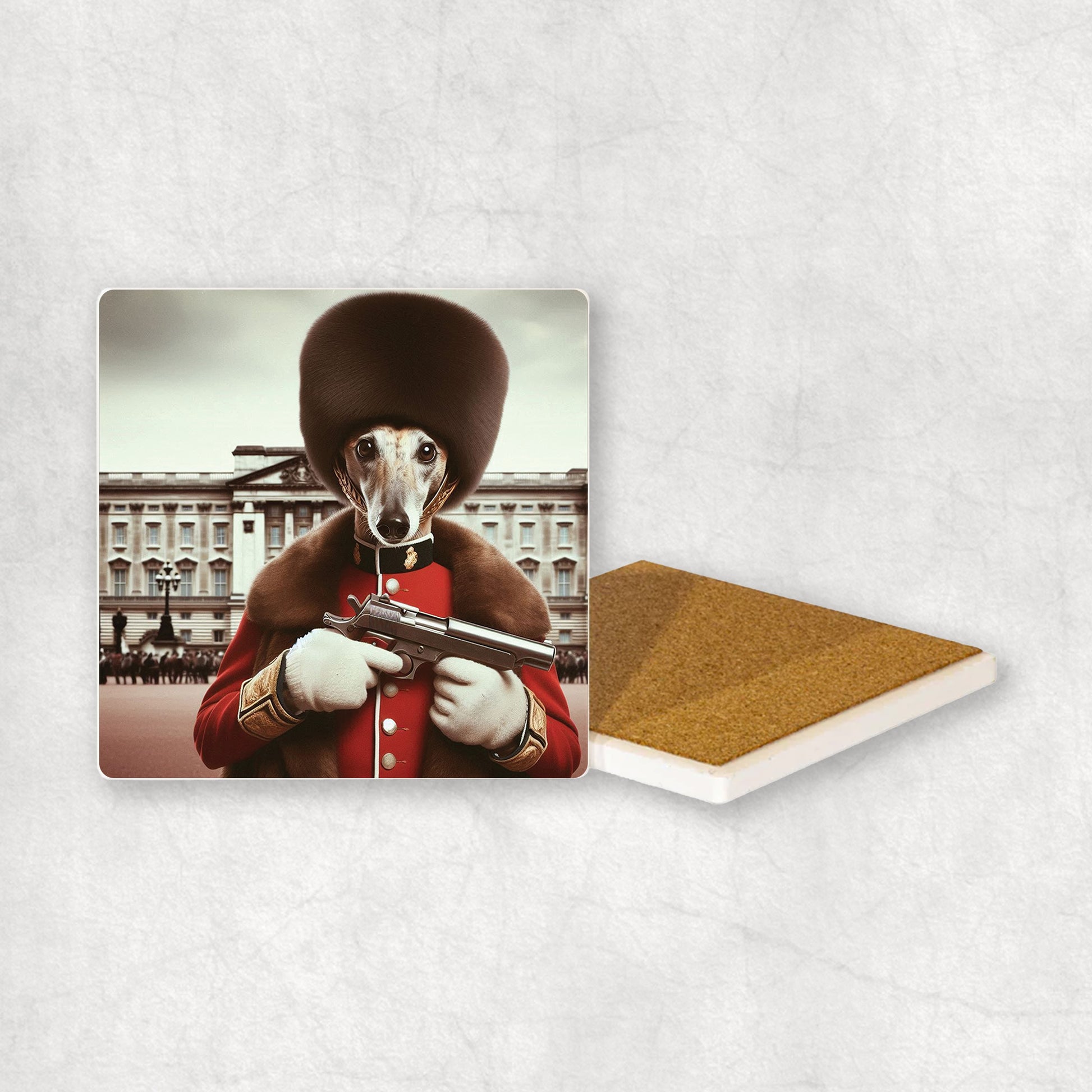 Ceramic Coaster gift with a Greyhound dog design, wearing British guard costume,holding a gun in its paw, with Buckingham Palace in the background. 