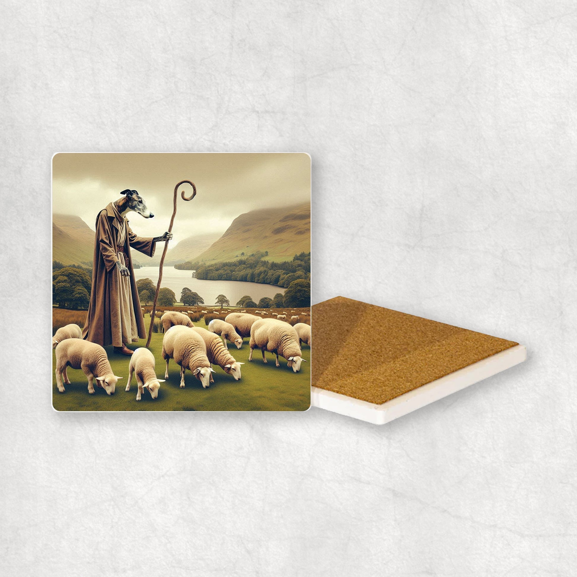 Ceramic Coaster gift with a Greyhound dog design, looking like a shepherd, with sheep and the Lake District in the background.