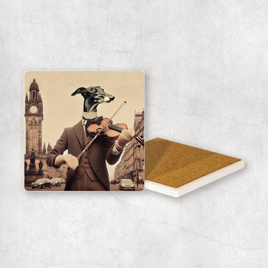 Ceramic coaster gift with a Greyhound dog design, wearing a suit, playing the violin, with a beautiful city centre in the background.