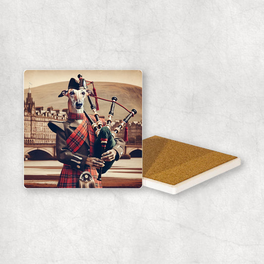 Ceramic Coaster gift with a Greyhound dog design, dressed in traditional Scottish costume, playing the bagpipes, with Edinburgh in the background. 