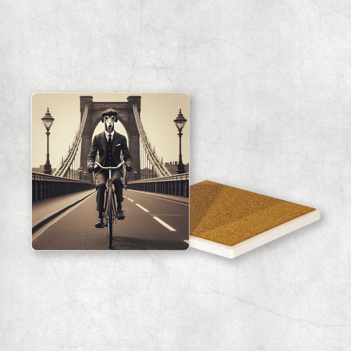 Ceramic coaster with a Greyhound dog design, dressed in a suit, riding a bike on the Clifton Suspension Bridge.