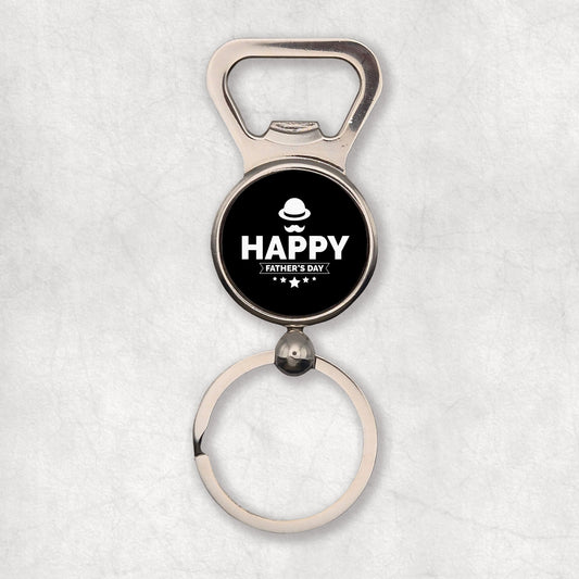 A bottle opener keyring with the 'Happy Father's Day' text on a black background, with a hat and mustache design. 