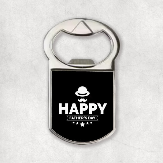 A bottle opener magnet with the 'Happy Father's Day' text and a father's icon on a black background.