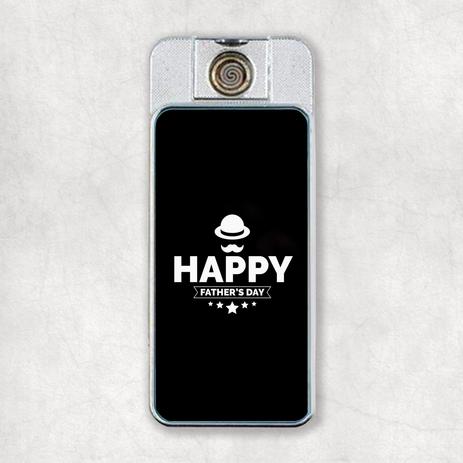 Personalised electric USB lighter with a black body featuring a 'Happy Father's Day' white text and a photo printed on the front.
