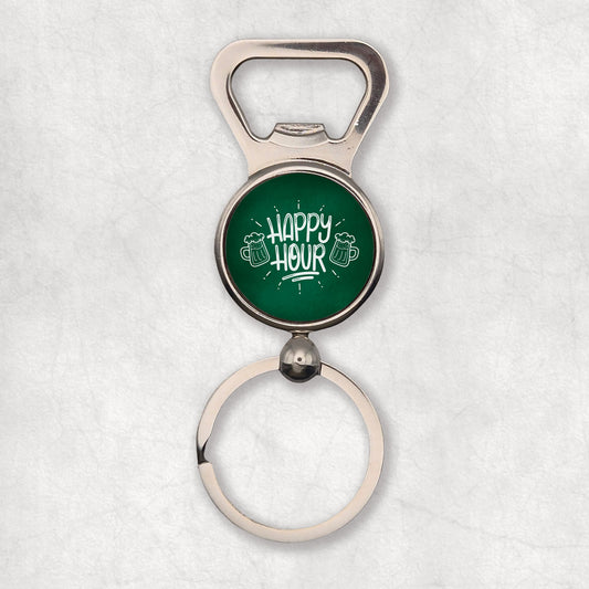 Bottle opener kayring wit 'Happy Hour' text, the perfect gift for any occasion. 
