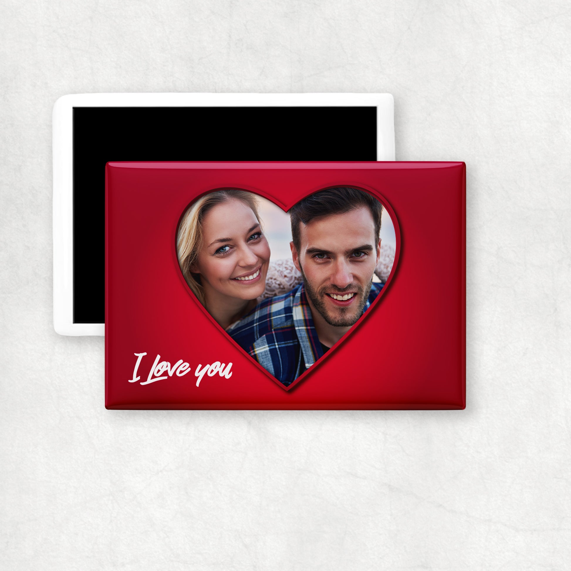 Horizontal ceramic magnet with a red heart-shaped personalised photo and 'I Love You' white text on a red background.