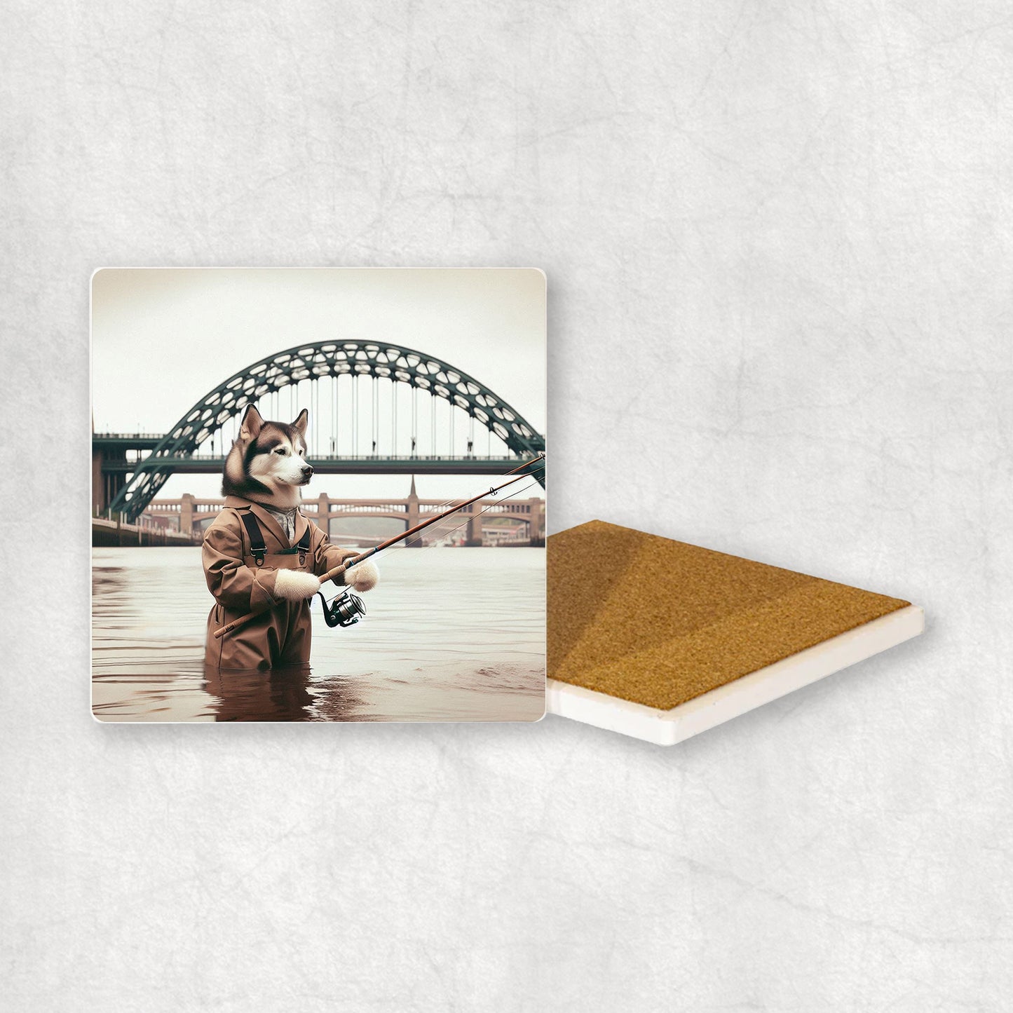 Ceramic Coaster gift with a Husky dog design, dressed in an Angler costume, fishing in the Tyne river, with Newcastle bridges in the background.