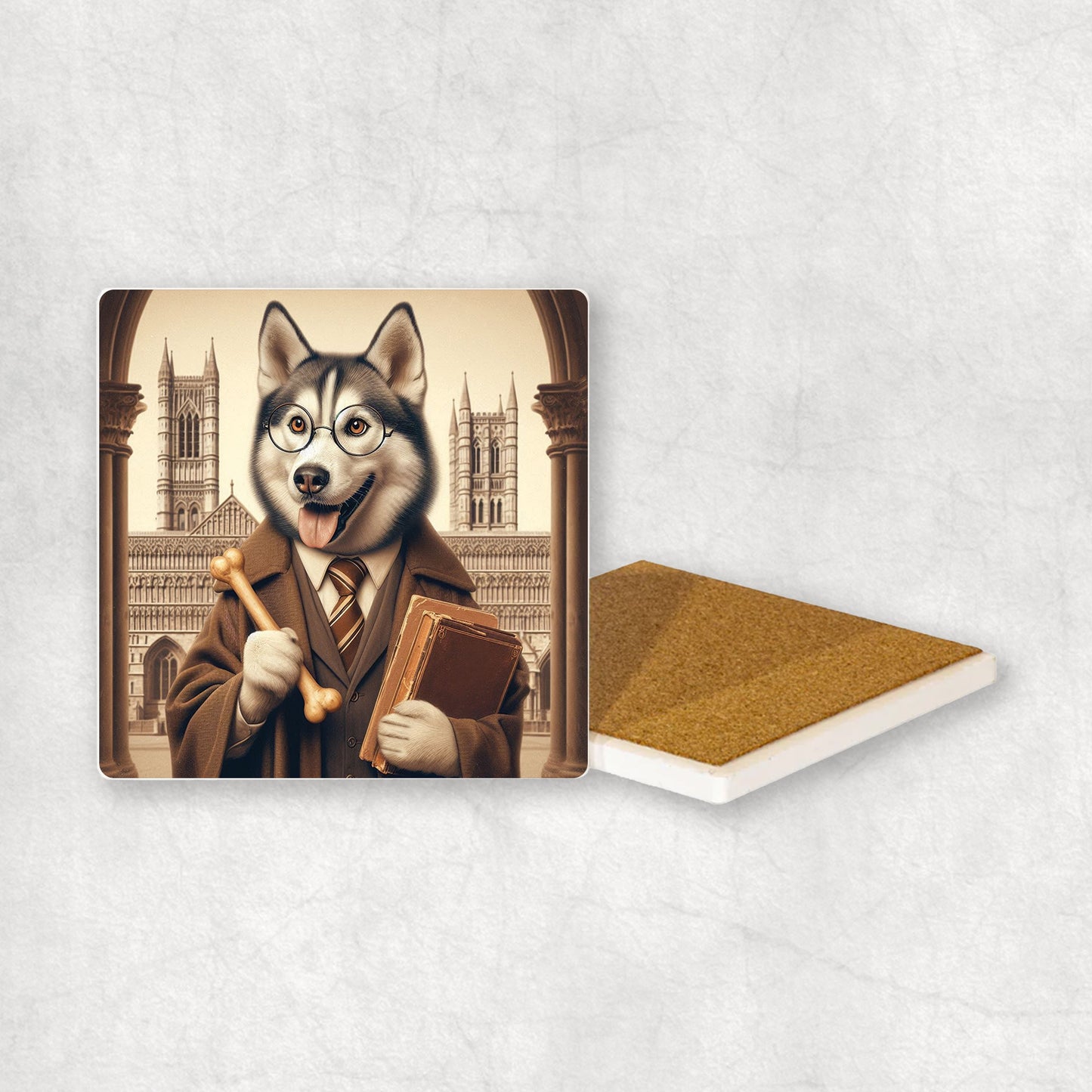 Ceramic Coaster gift with a Husky dog design wearing a student's gown, glasses, holding a bone and a book in its paws, with the university in the background.
