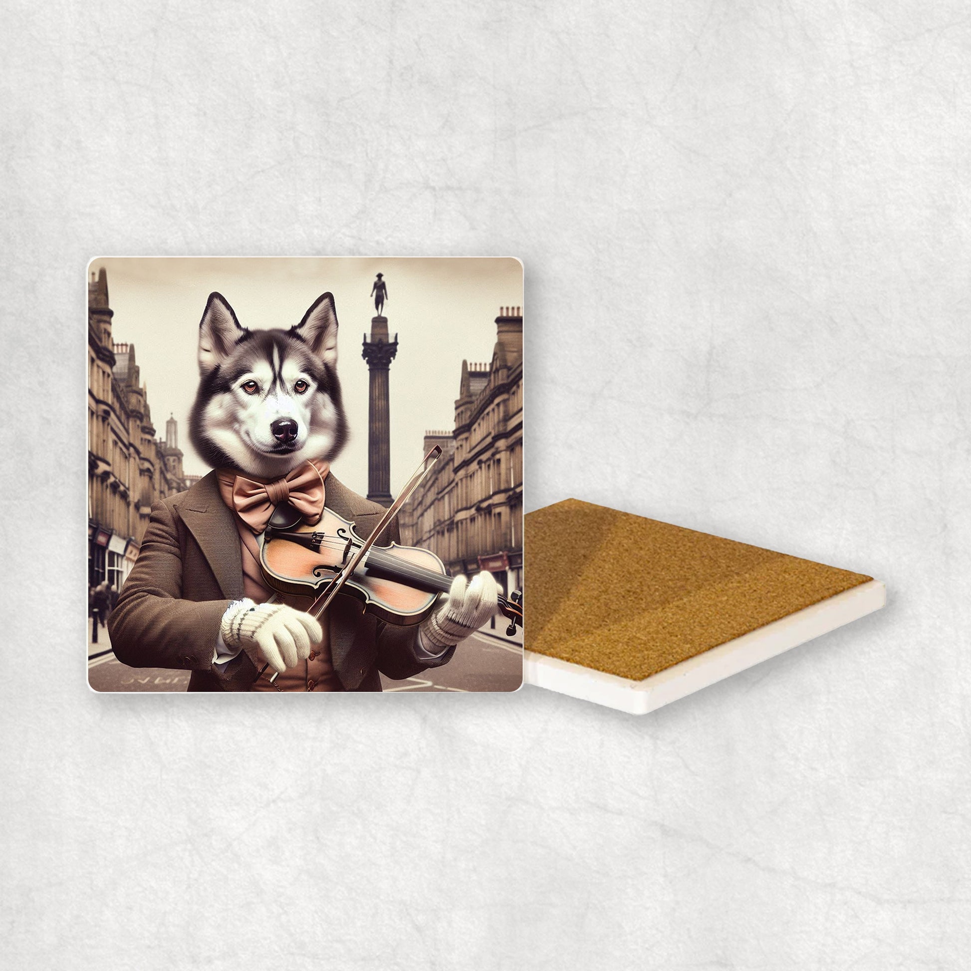 Ceramic coaster gift with a Husky dog design, wearing a suit, playing the violin, with a beautiful city centre in the background.