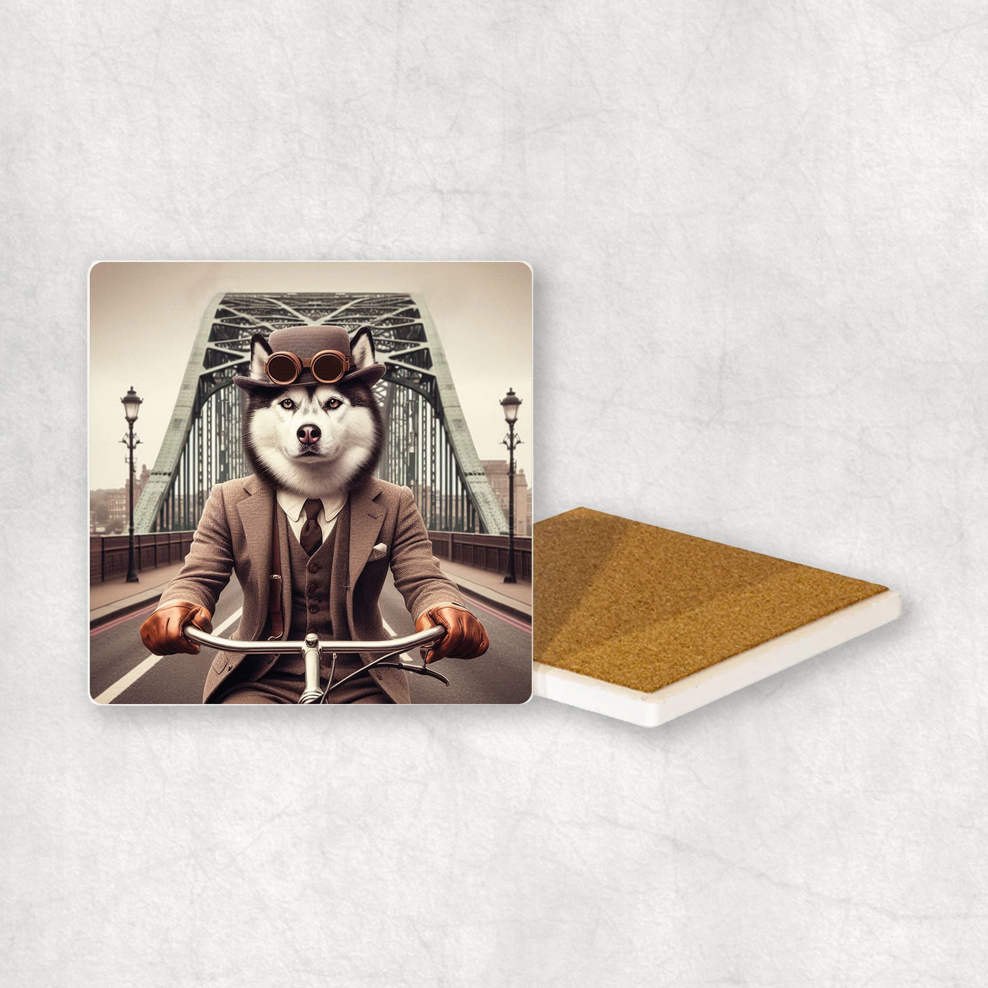 Ceramic coaster with a Husky dog design, dressed in a suit, riding a bike on the bridge in Newcastle Upon Tyne.