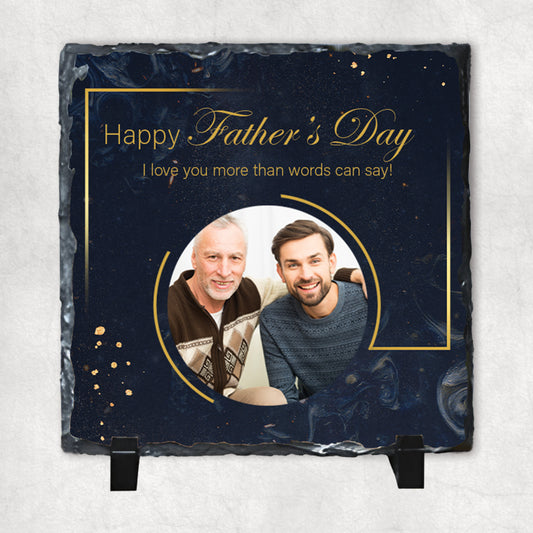 An elegant personalised photo rock slate with a section featuring a photo and a 'Happy Father's Day' message.