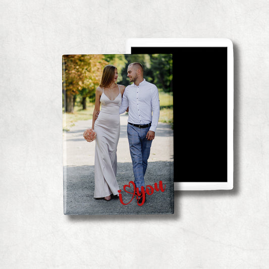 A vertical ceramic magnet with personalised photo and 'I love you' text. 