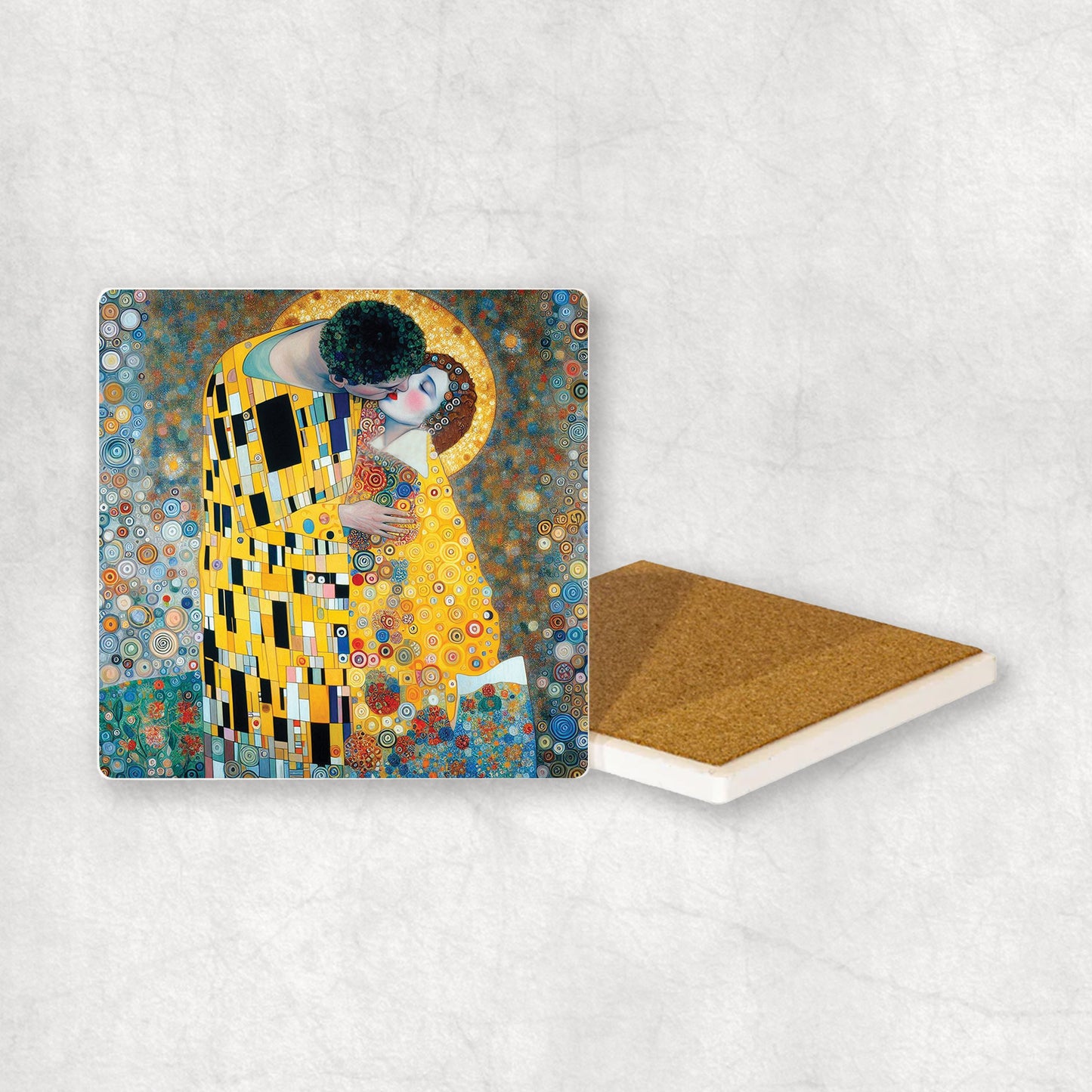 Art-themed ceramic coaster with a Kiss style design, an original gift for any occasion.