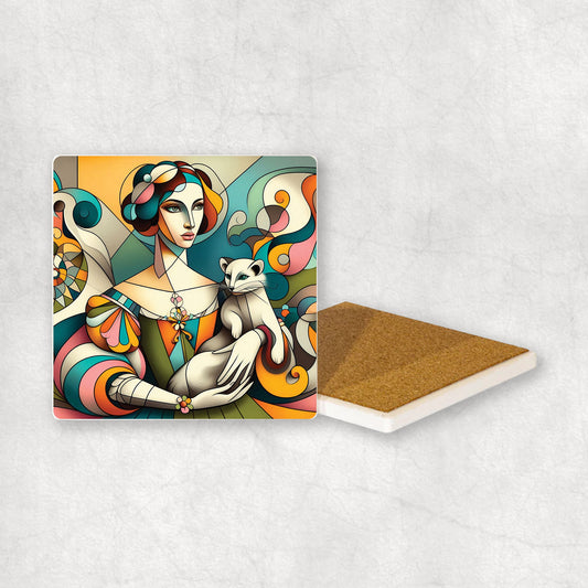 Art-themed ceramic coaster with Lady & Ermine style design, an original gift for any occasion