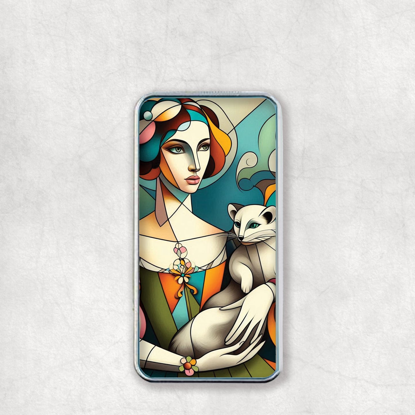 Personalised Photo Electric USB Lighter with an Lady with ermine style art design on the back, perfect gift for any ocasion. 