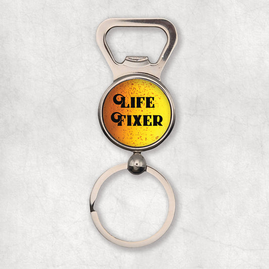 Bottle opener kayring with 'Life Fixer' text on yellow beer background, the perfect gift for any occasion.