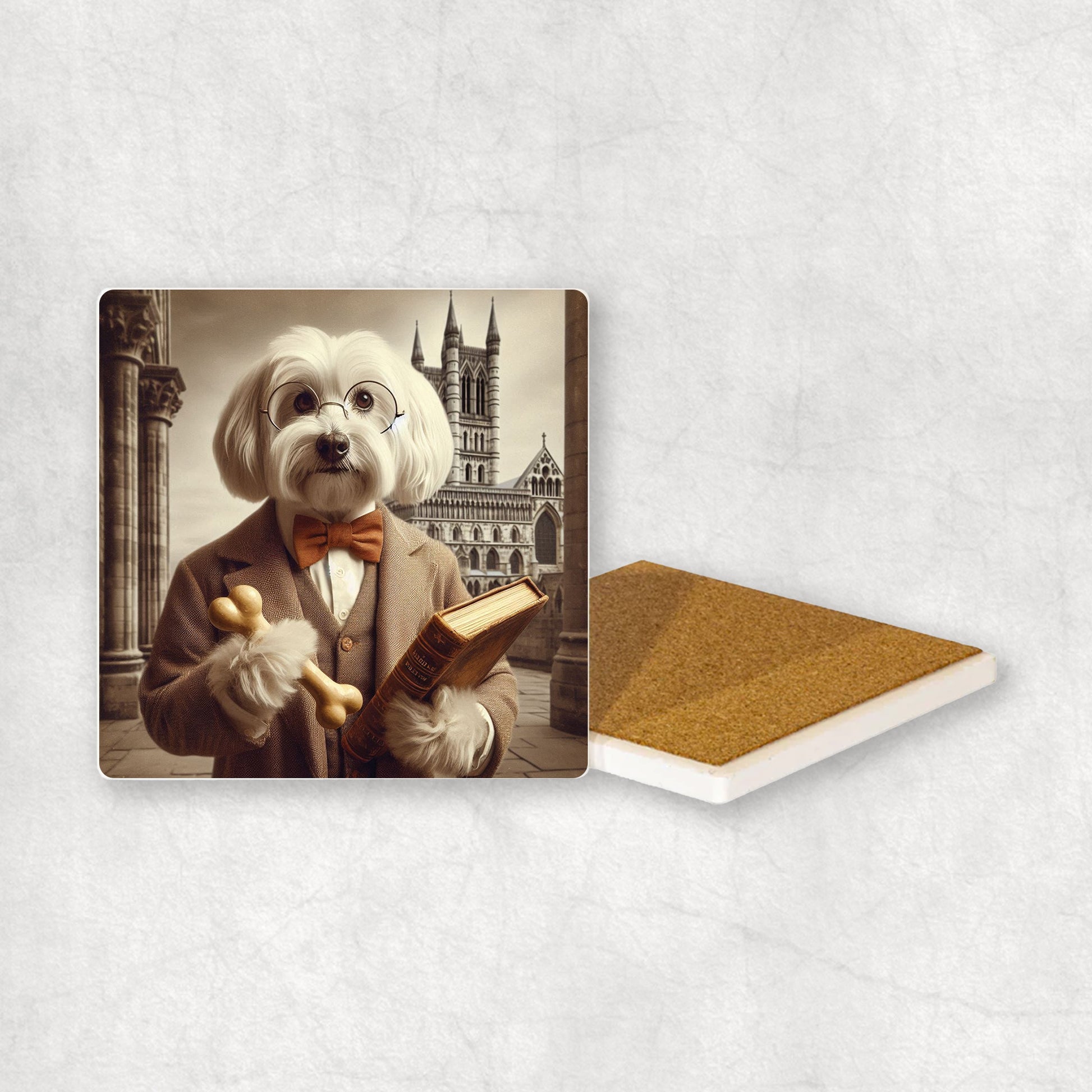 Ceramic Coaster gift with a Maltese dog design wearing a student's gown, glasses, holding a bone and a book in its paws, with the university in the background.