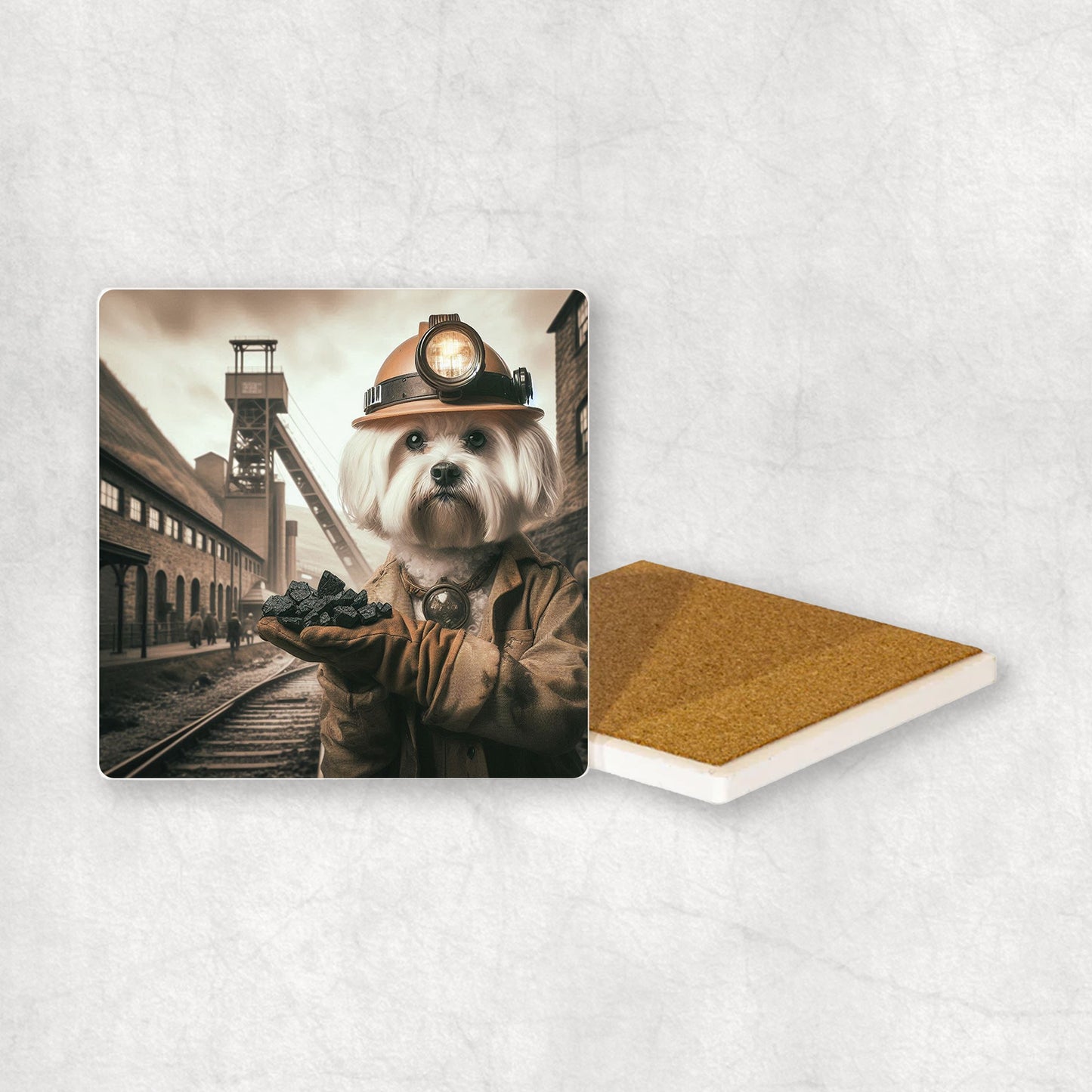 Ceramic Coaster gift with a Maltese dog design, dressed like a miner with a pickaxe in its paws, with a mine in the background.