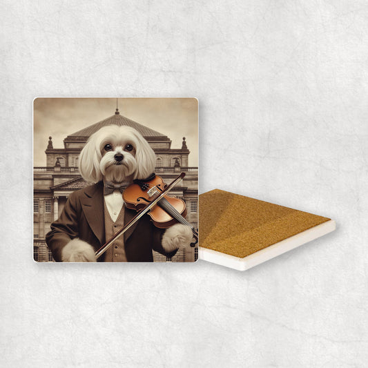 Ceramic coaster gift with a Maltese dog design, wearing a suit and a hat, playing the violin, with a beautiful theatre in the background.