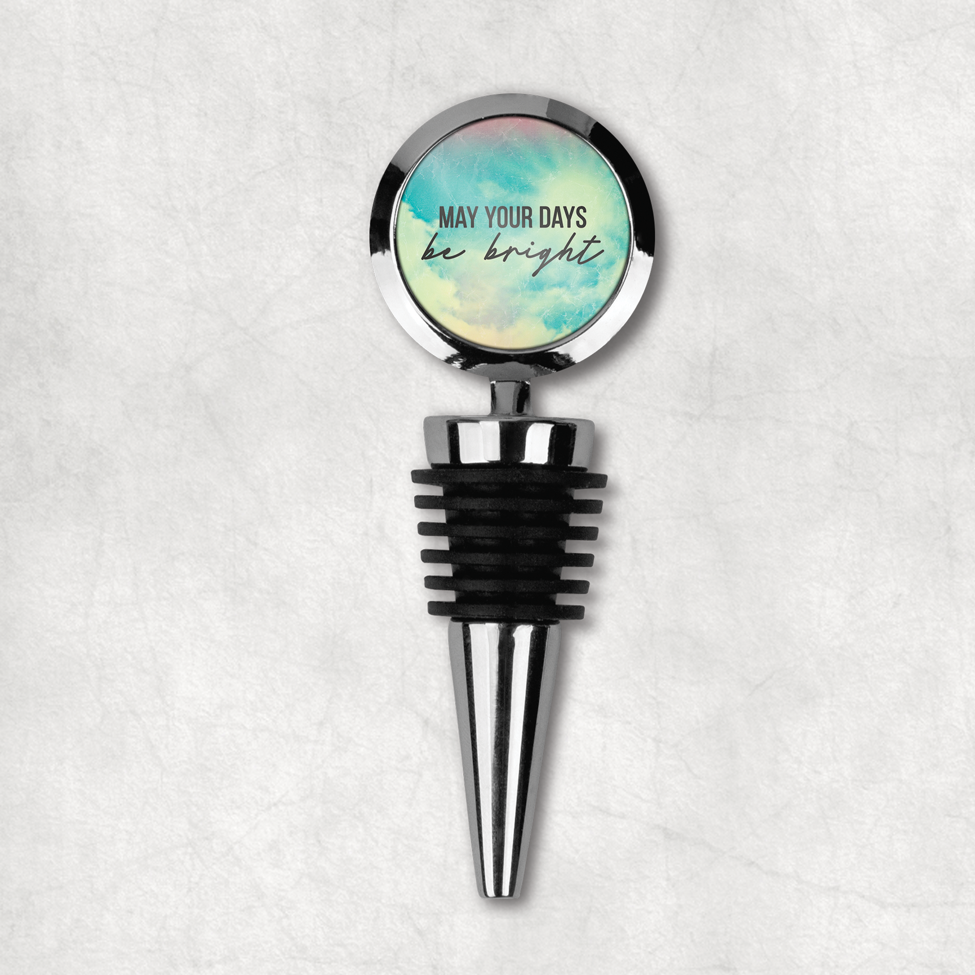 Stylish wine stopper with 'May your days be bright' inspirational phrase on white and blue background, the perfect gift for wine lover