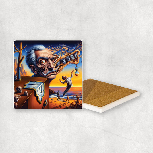 Art-themed ceramic coaster with a Persistence of Memoty & Dali face style design , an original gift for any occasion.