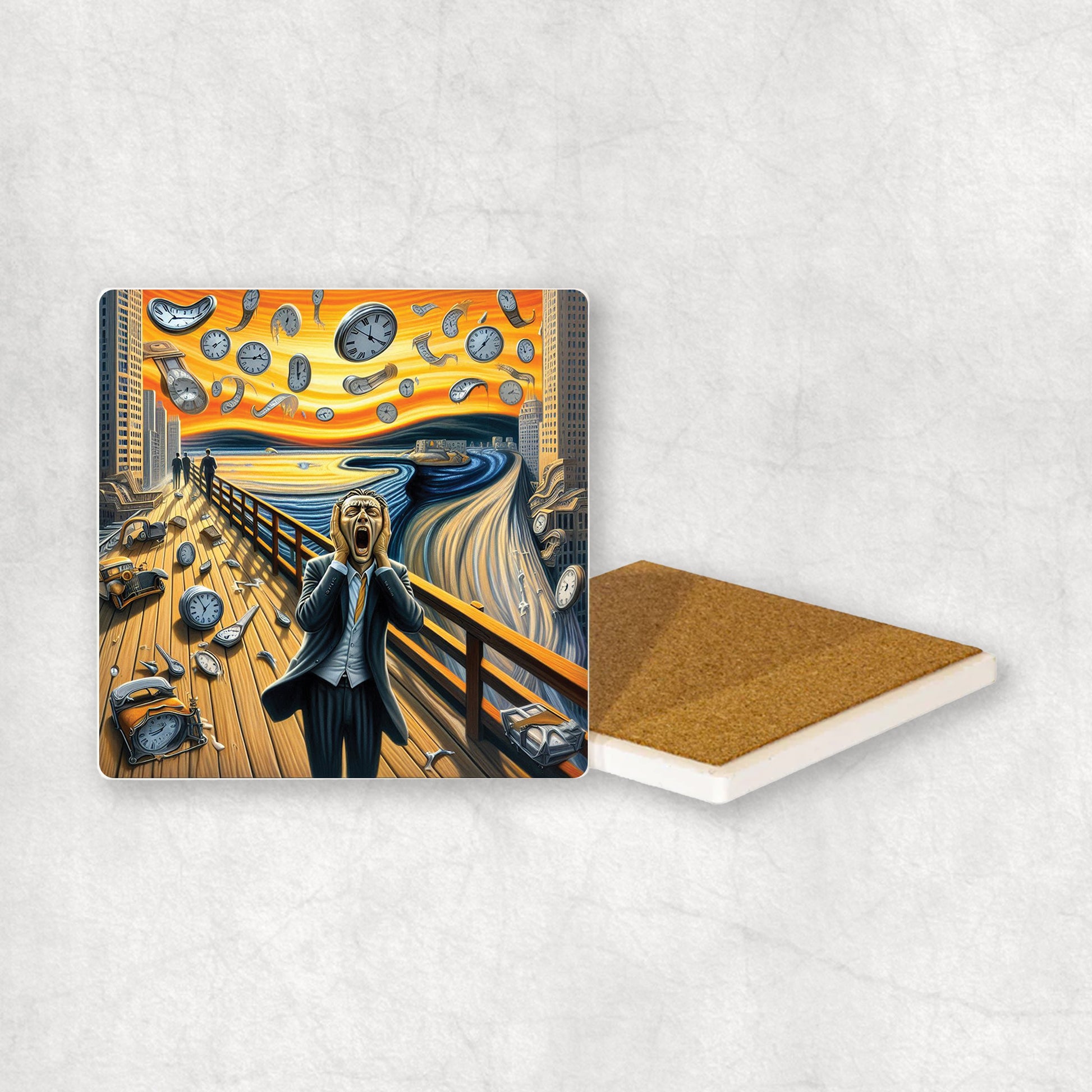 Art-themed ceramic coaster with a Scream style and flying clocks design, an original gift for any occasion.