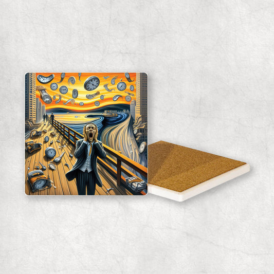 Art-themed ceramic coaster with a Scream style and flying clocks design, an original gift for any occasion.